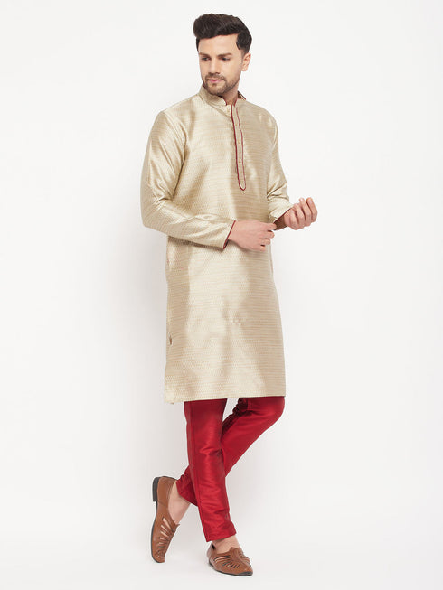 Vastramay Men's Beige Silk Blend Kurta and Maroon Pant Style Pyjama Set